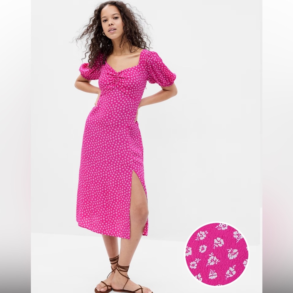 NWT GAP pink floral midi dress with puff sleeves